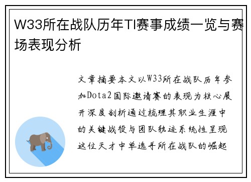 W33所在战队历年TI赛事成绩一览与赛场表现分析